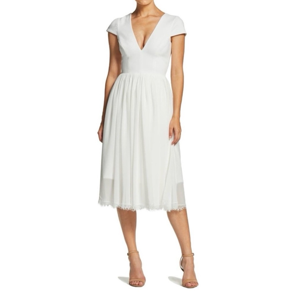 Dress the Population Corey Chiffon Fit & Flare Off White Midi Dress Grad NWT